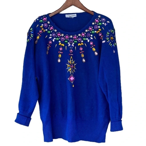 Vintage 90s blue bedazzled sweater - Picture 1 of 5